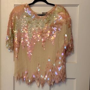 80s Sequin Embellished Cream and Pink Asymmetric Glamour Top